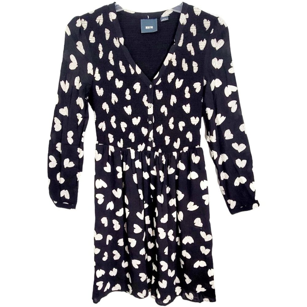 Maeve Womens Black Hearts Smocked Body Long Sleeve Dress V Neck Lined Size S - Picture 1 of 10